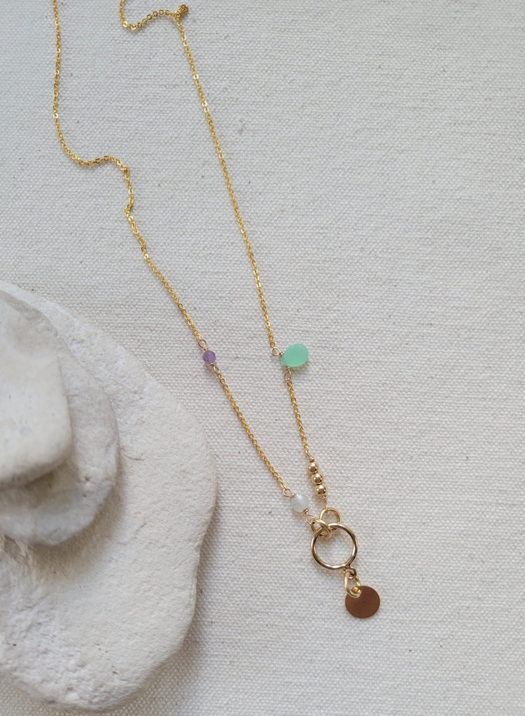 The Island - Chrysoprase Amethyst Moonstone Circle Disk Charm Gold Necklace