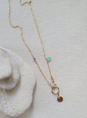 The Island - Chrysoprase Amethyst Moonstone Circle Disk Charm Gold Necklace