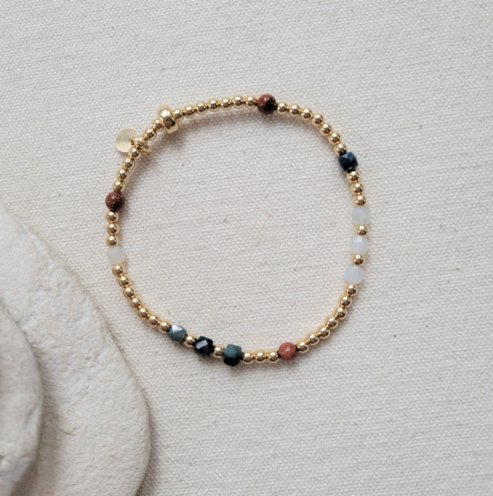 The Florence - Blue Tourmaline Moonstone Goldstone Multi Gem Gold Bracelet