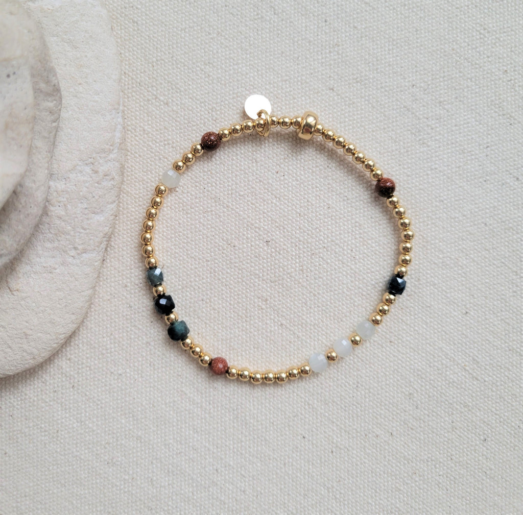 The Florence - Blue Tourmaline Moonstone Goldstone Multi Gem Gold Bracelet