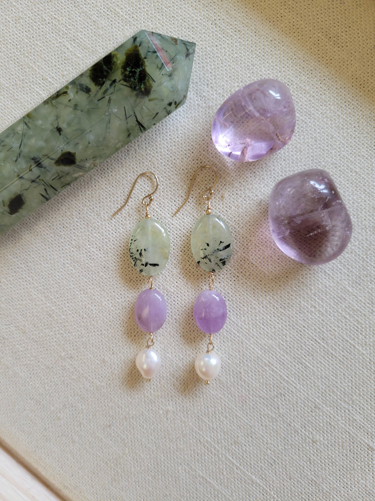 The Lavender - Prehnite Amethyst Pearl Gold Dangle Hook Earrings