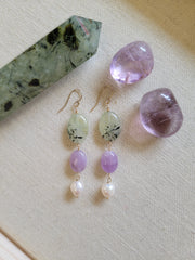 The Lavender - Prehnite Amethyst Pearl Gold Dangle Hook Earrings