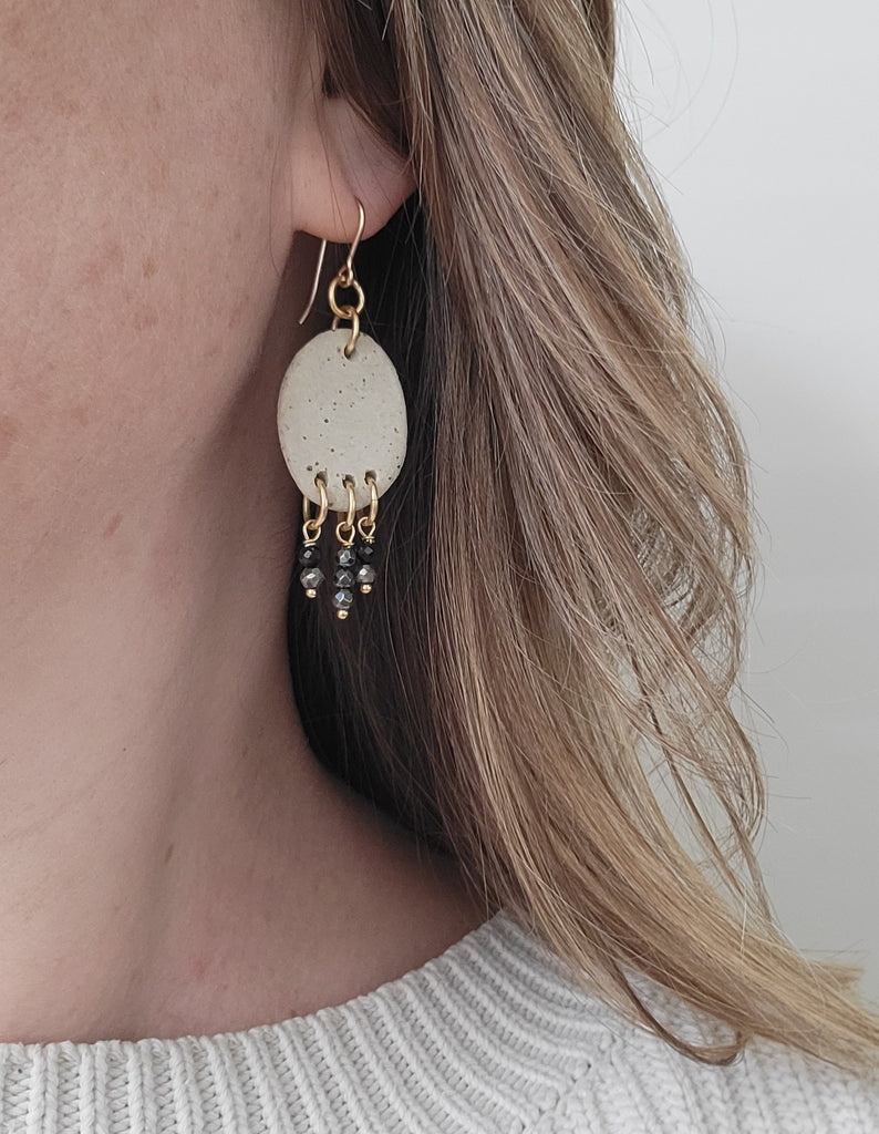 The Grounding Goddess - Ceramic Pyrite Hematite Gold Dangle Earrings