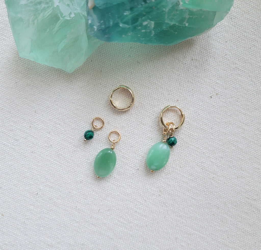 The Double Green Gold - Aventurine Malachite Removable Charm Hoop Earrings