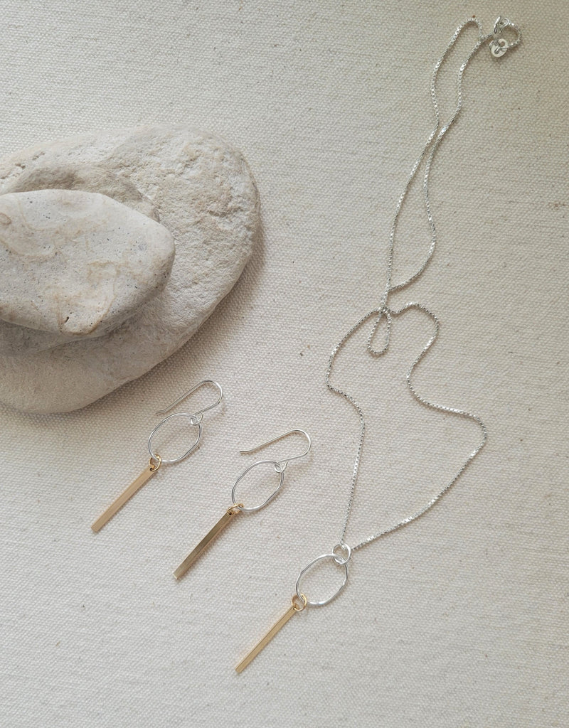 The Gold Silver - Silver  Oval Gold Bar Dangle Hook Earrings