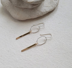 The Gold Silver - Silver  Oval Gold Bar Dangle Hook Earrings