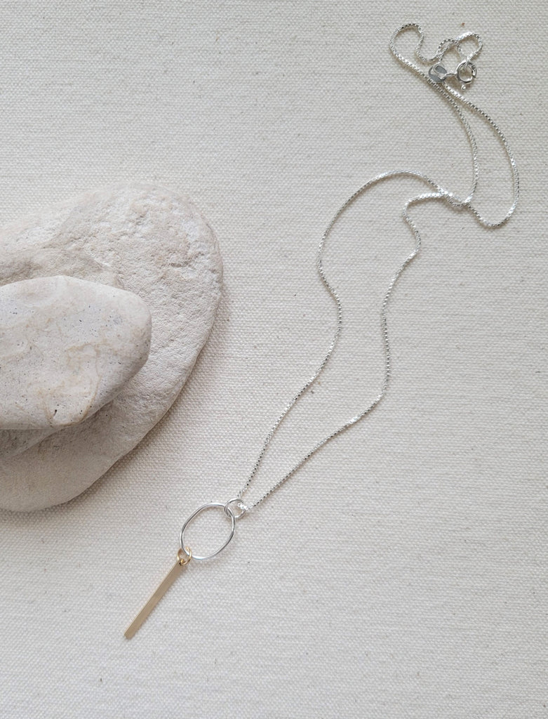 The Gold Silver - Silver Oval Gold Bar Dangle Necklace