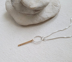 The Gold Silver - Silver Oval Gold Bar Dangle Necklace