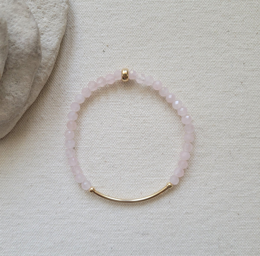4mm Faceted Rose Quartz Gold Bar Bracelet