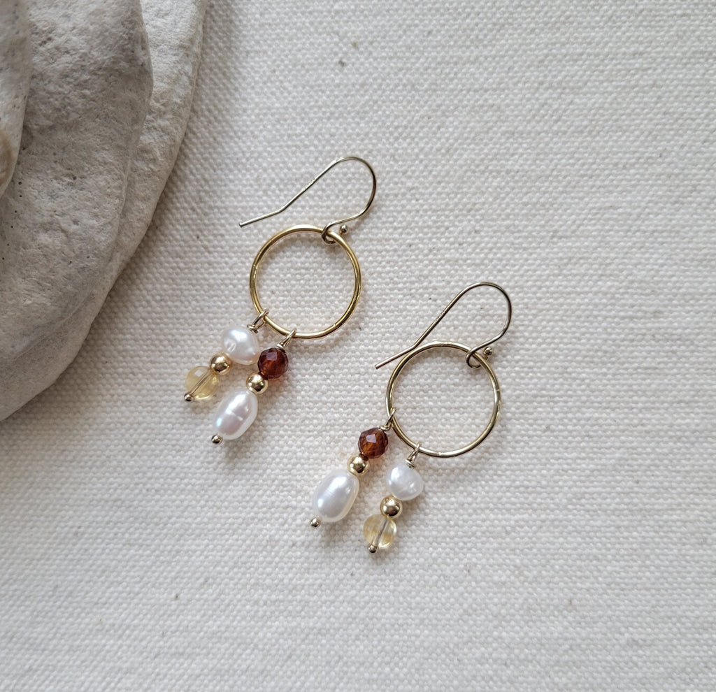 The Playful Gems -  Gold Pearl Garnet Citrine Circle Hook Earrings