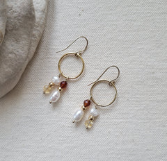 The Playful Gems -  Gold Pearl Garnet Citrine Circle Hook Earrings