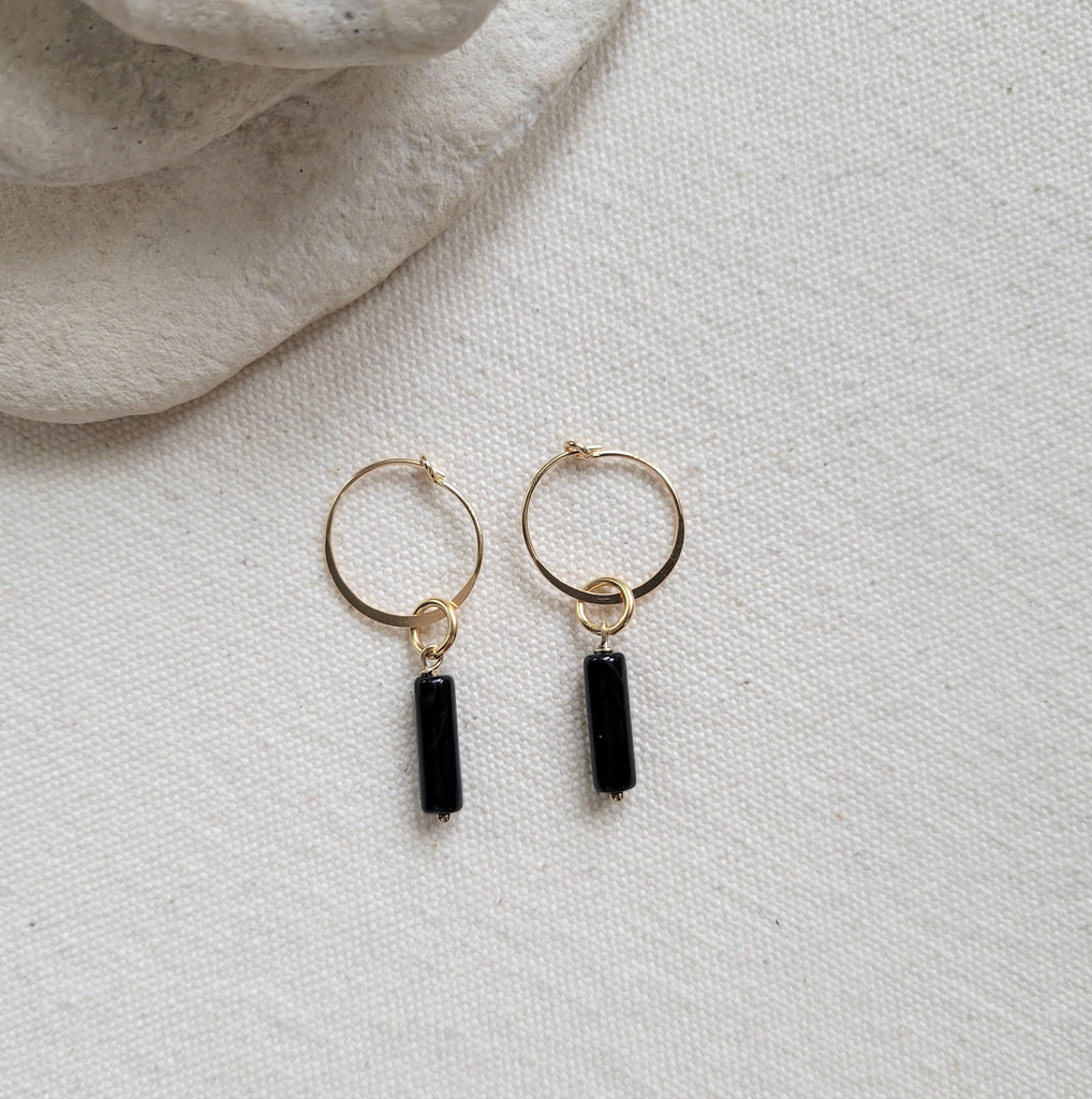 The Cylinder Onyx - Cylinder Onyx Gold Hoop Removable Charm Earrings