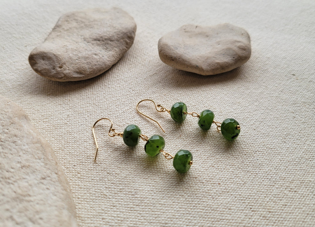 Triple Jade Gold Dangle Hook Earrings