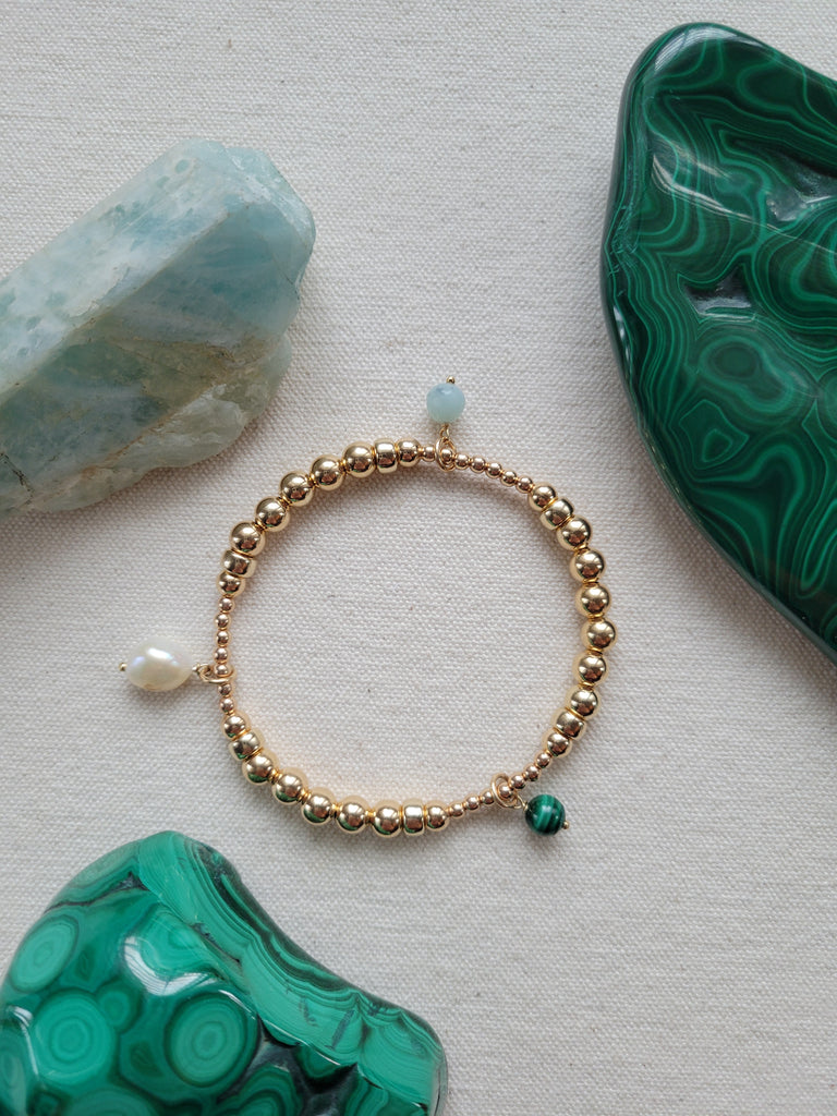 Multi Charm Malachite Amazonite Pearl Gold Bracelet