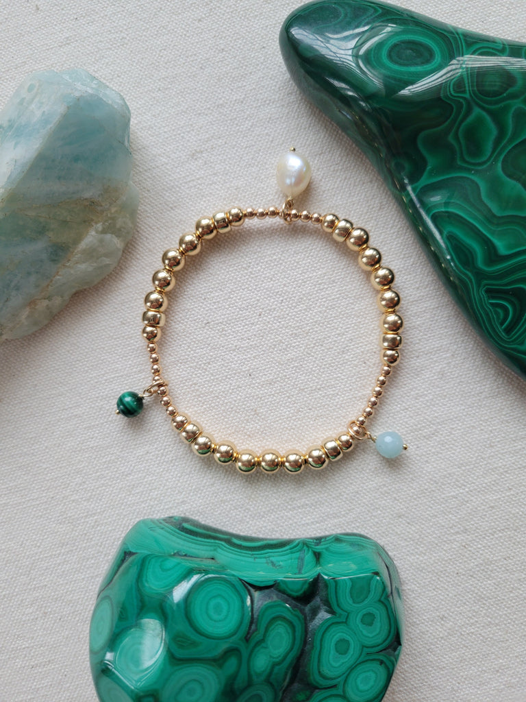 Multi Charm Malachite Amazonite Pearl Gold Bracelet