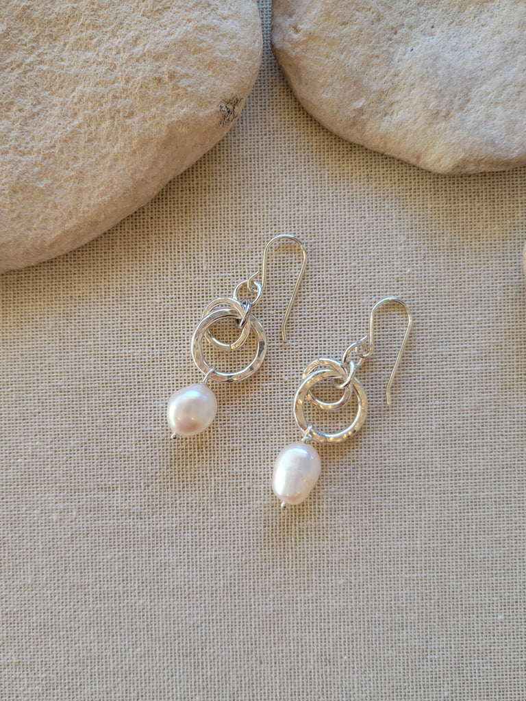 Silver Double Hammered Circle Pearl Bold Hook Earrings