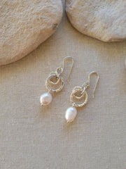 Silver Double Hammered Circle Pearl Bold Hook Earrings