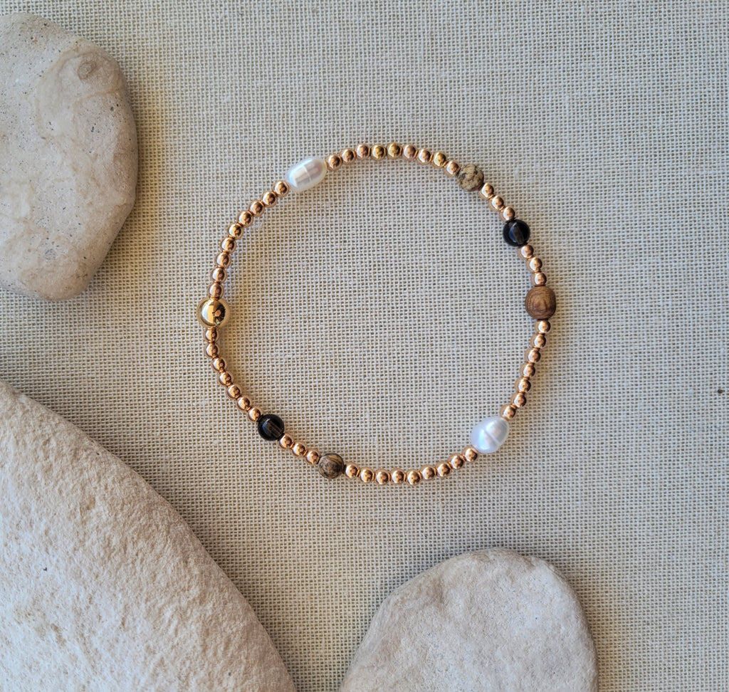 The Bohemian Gold Pearl Wood Jasper Smoky Quartz Multi Gem Bracelet