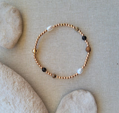 The Bohemian Gold Pearl Wood Jasper Smoky Quartz Multi Gem Bracelet