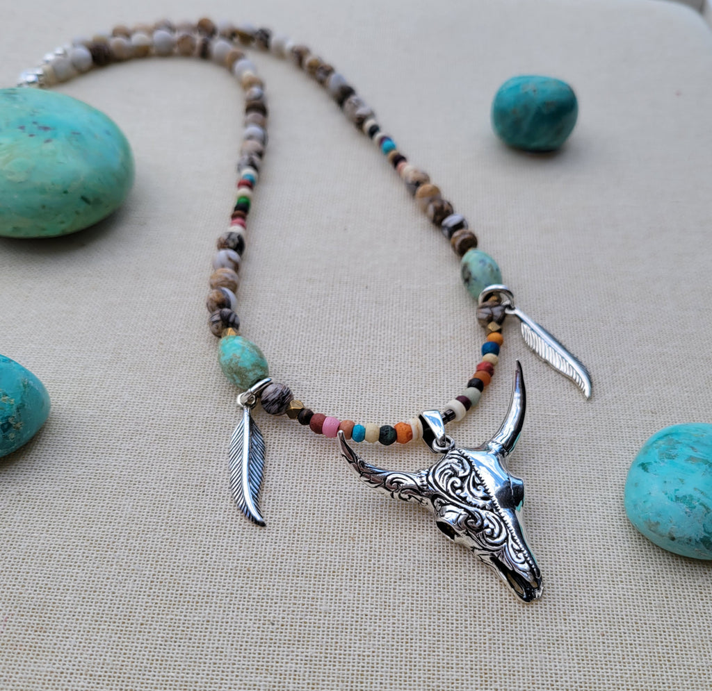 The Vibrant Cowgirl Silver Bone Wood Jasper Necklace