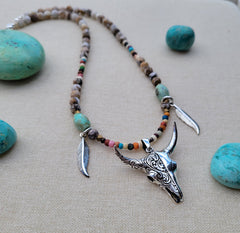 The Vibrant Cowgirl Silver Bone Wood Jasper Necklace