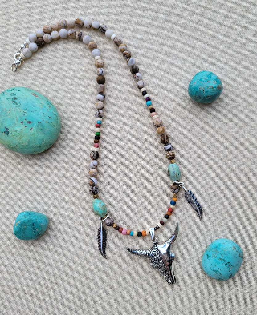 The Vibrant Cowgirl Silver Bone Wood Jasper Necklace