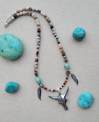 The Vibrant Cowgirl Silver Bone Wood Jasper Necklace