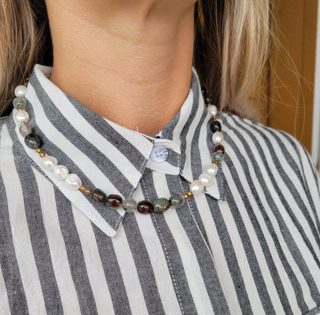 Phantom Mica Quartz Pearl Brass Necklace Necklace