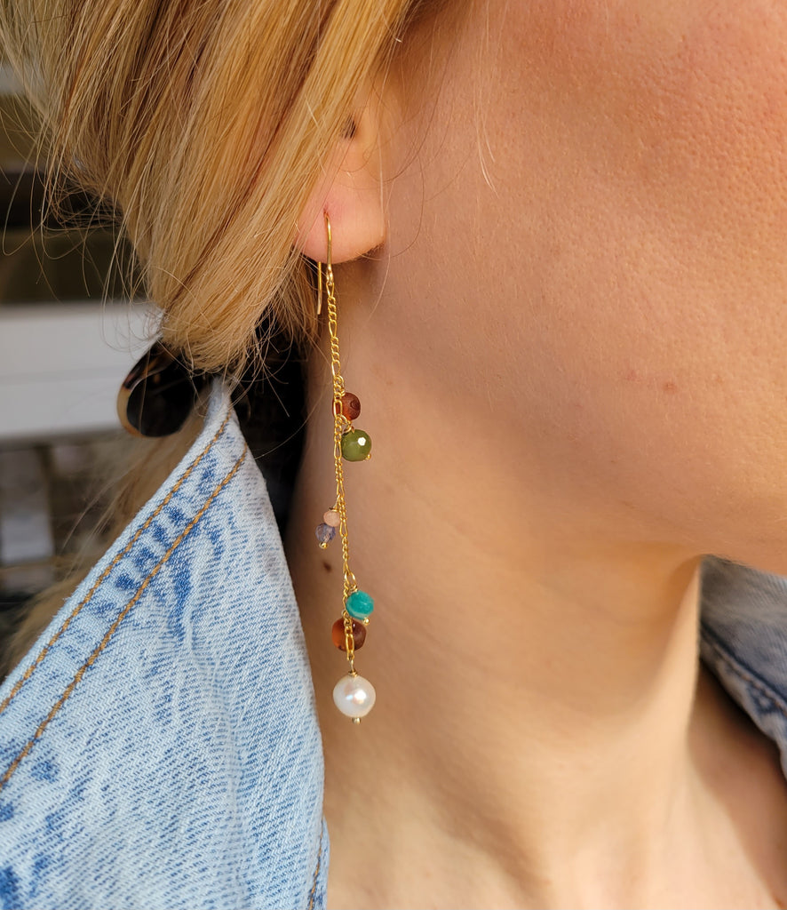 The Amazon - Pearl Amazonite Iolite Moonstone Amber Jade Gold Dangle Earrings