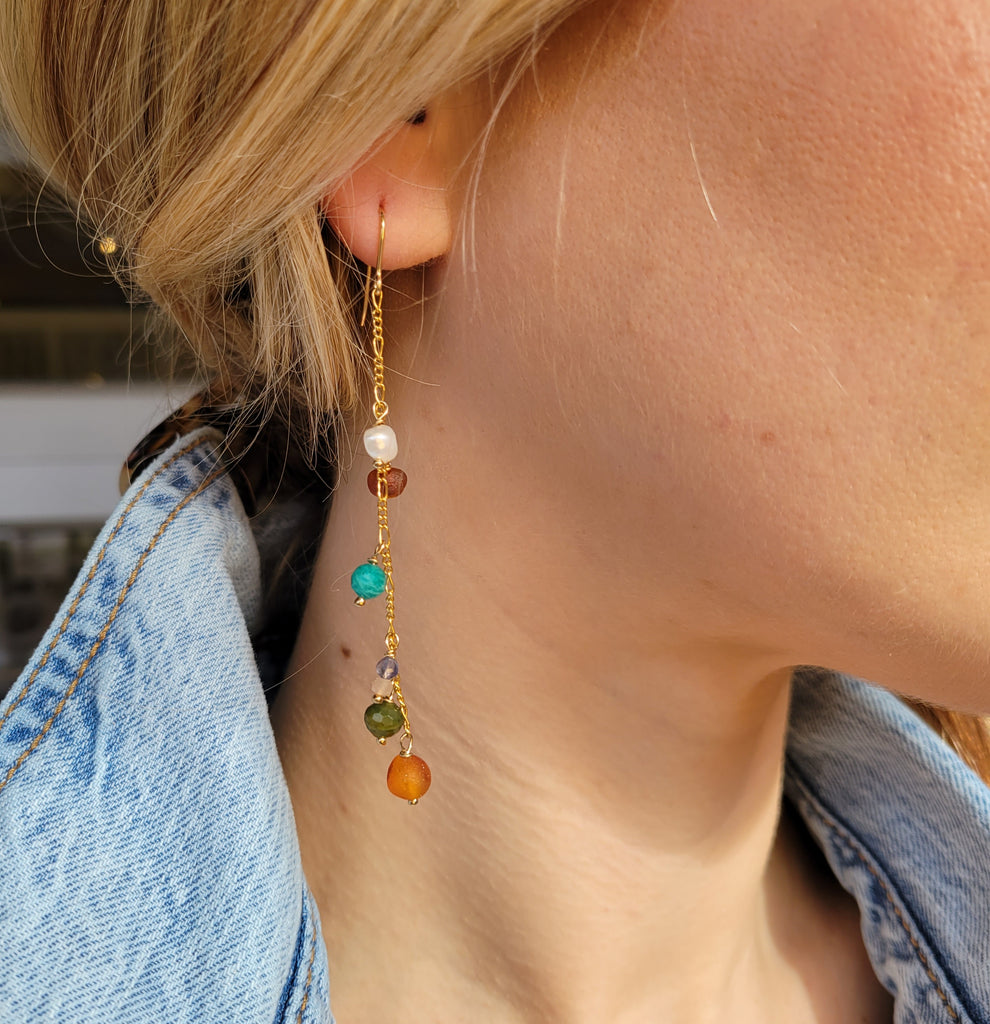 The Amazon - Pearl Amazonite Iolite Moonstone Amber Jade Gold Dangle Earrings