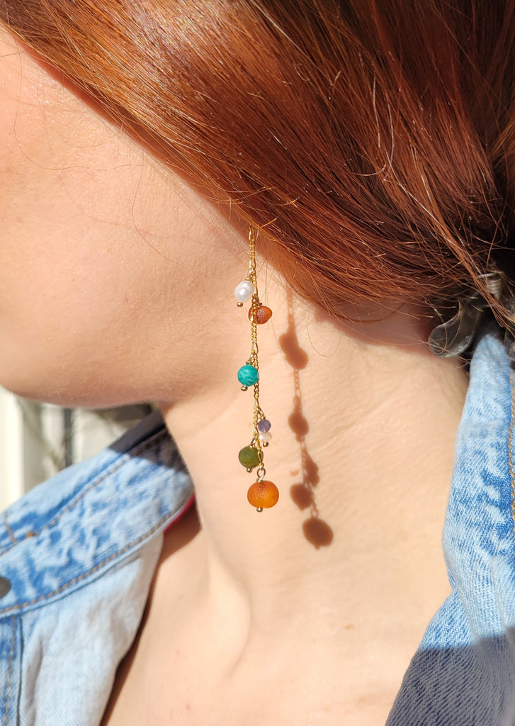 The Amazon - Pearl Amazonite Iolite Moonstone Amber Jade Gold Dangle Earrings