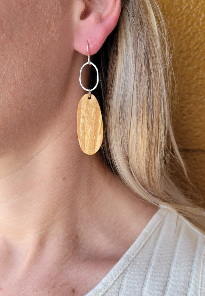 The Mielikki Goddess - Spalted Maple Wood Elongated Ovals Silver Shimmer Oval Hook Earrings