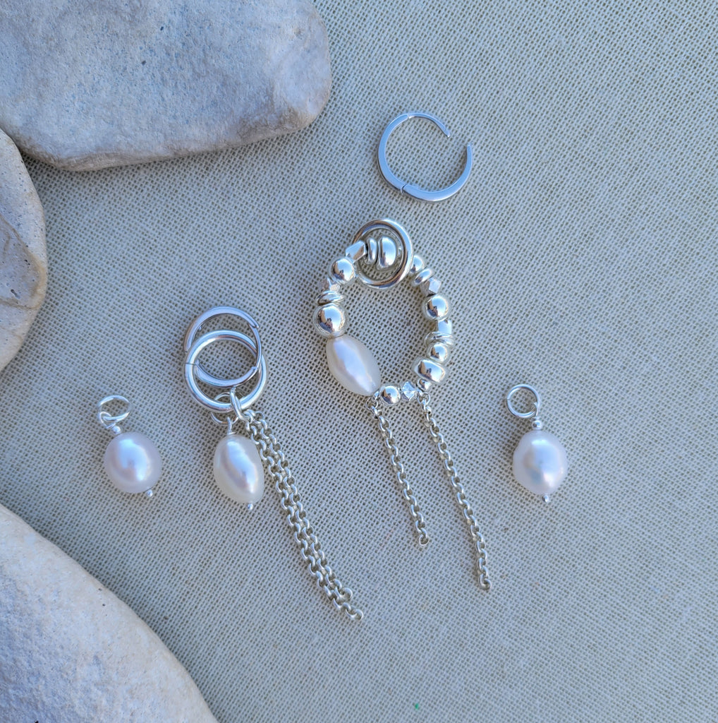 The Party Business Earrings- Interchangeable Sterling Silver Pearl Earrings – Bold Meets Classic