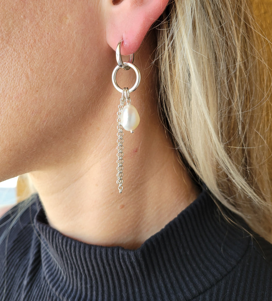 The Party Business Earrings- Interchangeable Sterling Silver Pearl Earrings – Bold Meets Classic