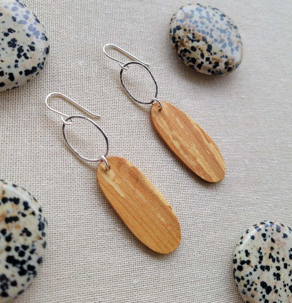 The Mielikki Goddess - Spalted Maple Wood Elongated Ovals Silver Shimmer Oval Hook Earrings