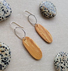 The Mielikki Goddess - Spalted Maple Wood Elongated Ovals Silver Shimmer Oval Hook Earrings