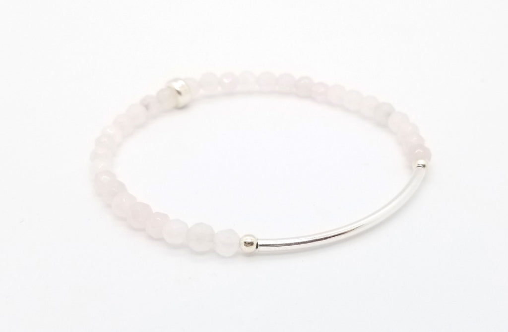 4mm Faceted Rose Quartz Silver Bar Bracelet