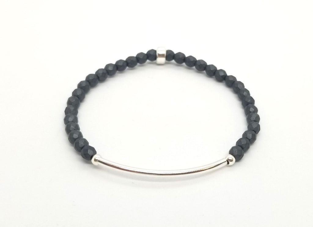 Matte Faceted Hematite Silver Bar Bracelet