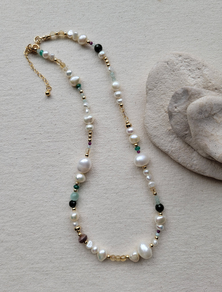 The Beach Vibe - Pearl Multi Gemstone Gold Beaded Necklace