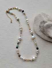 The Beach Vibe - Pearl Multi Gemstone Gold Beaded Necklace