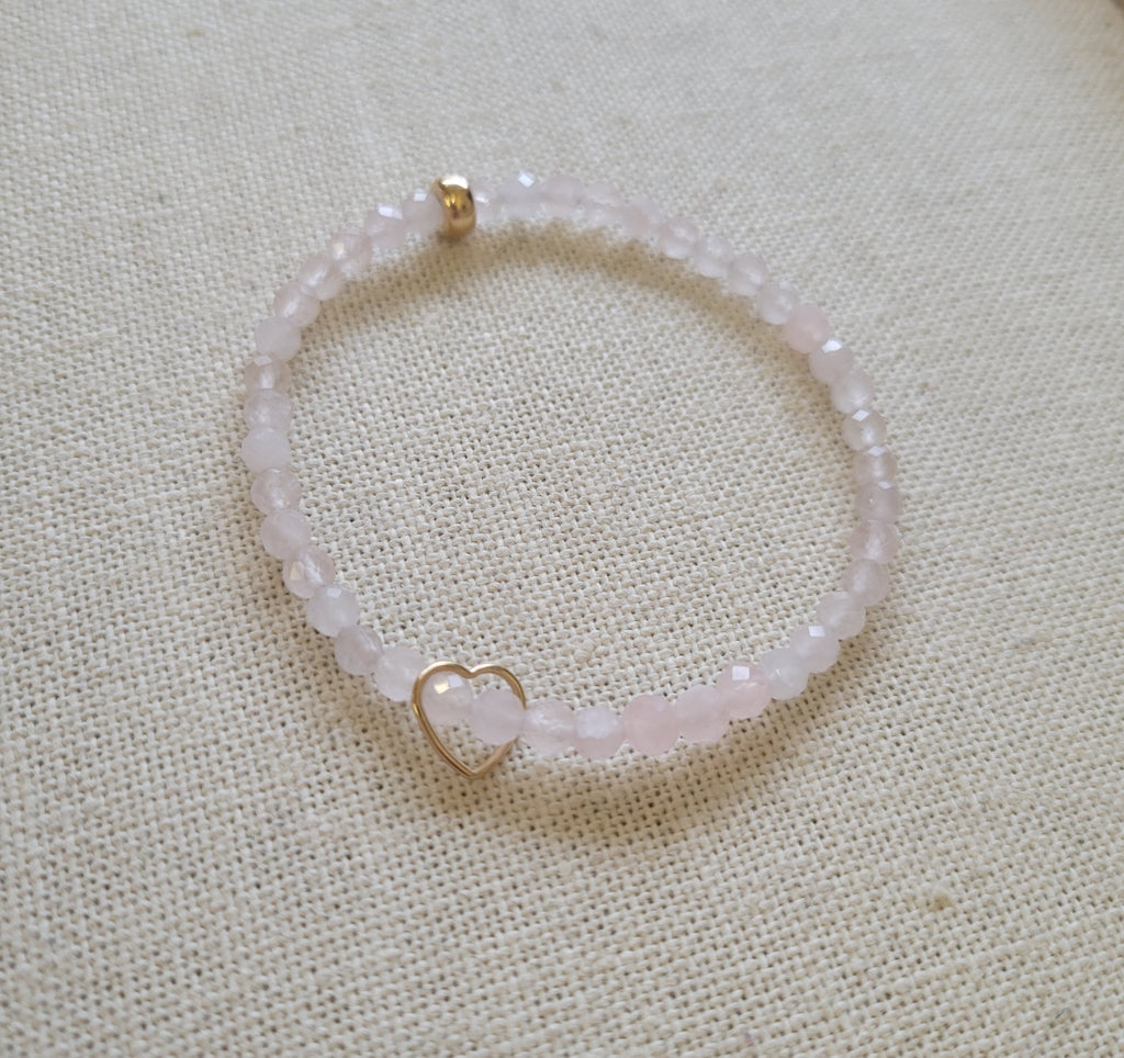 4mm Faceted Rose Quartz Floating Gold Heart Bracelet