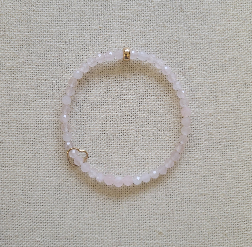 4mm Faceted Rose Quartz Floating Gold Heart Bracelet