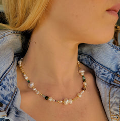 The Beach Vibe - Pearl Multi Gemstone Gold Beaded Necklace