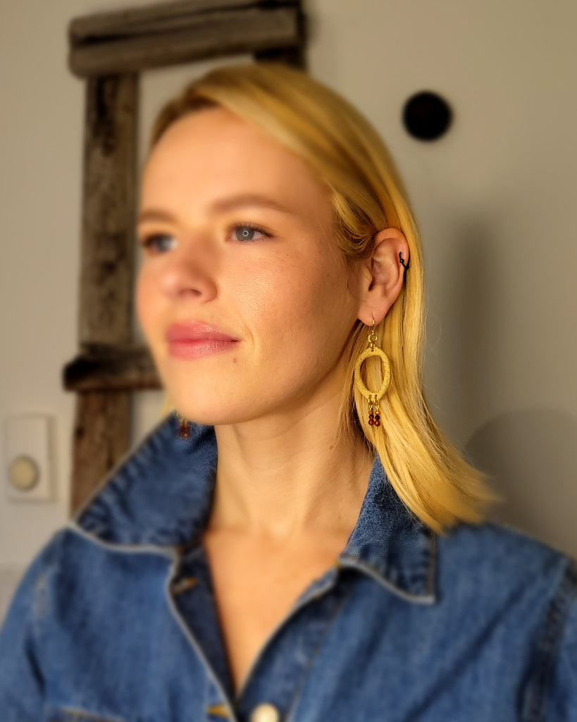 The Lutum Goddess - Asymmetrical Ceramic Garnet Rhodonite Goldstone Gold Hoop Earrings