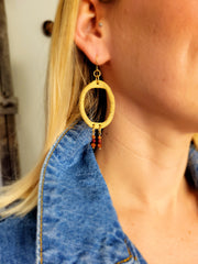 The Lutum Goddess - Asymmetrical Ceramic Garnet Rhodonite Goldstone Gold Hoop Earrings