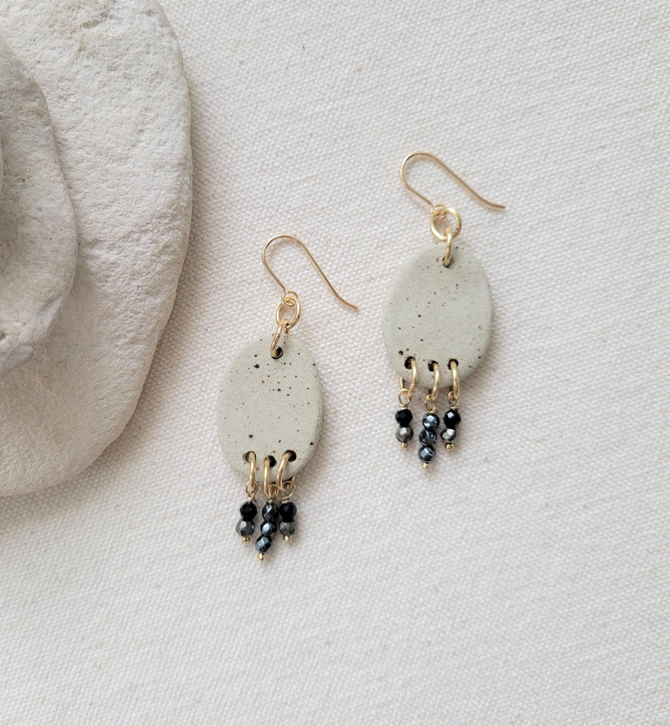 The Grounding Goddess - Ceramic Pyrite Hematite Gold Dangle Earrings