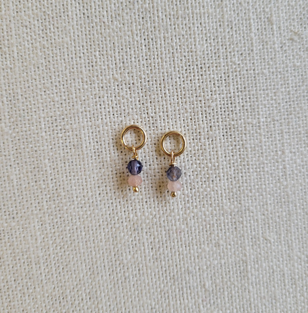Double Gem Iolite Peach Moonstone Gold Charm (Single)