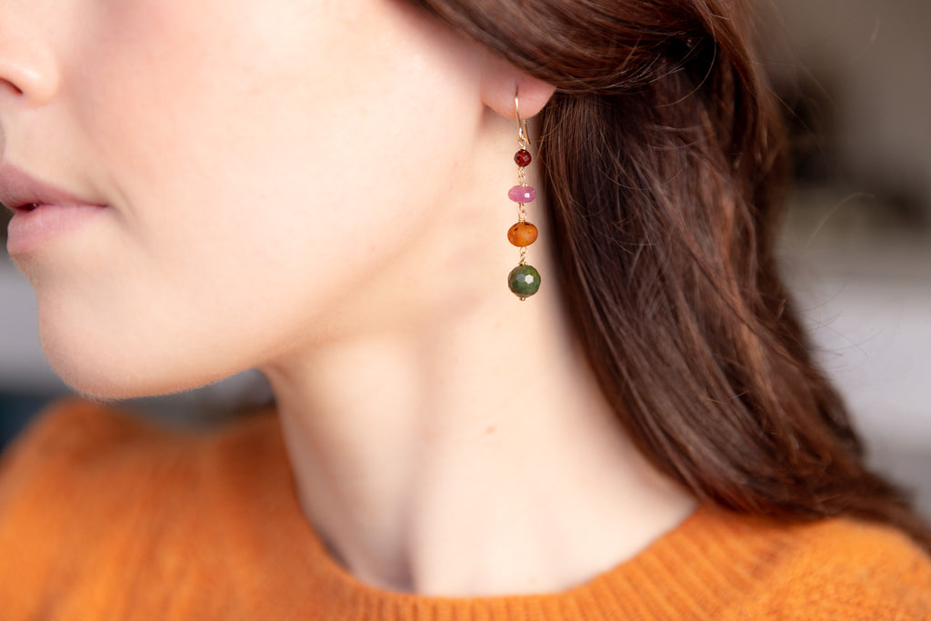 The Aphrodite Goddess - Garnet Ruby Amber Jade Gold Dangle Earrings