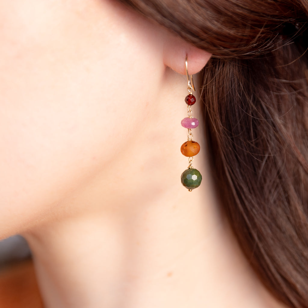 The Aphrodite Goddess - Garnet Ruby Amber Jade Gold Dangle Earrings