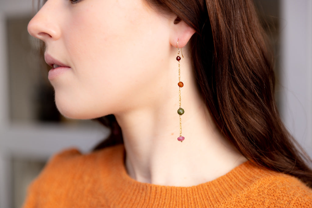 The Eileithyia Goddess - Garnet Ruby Jade Amber Gold Long Dangle Earrings